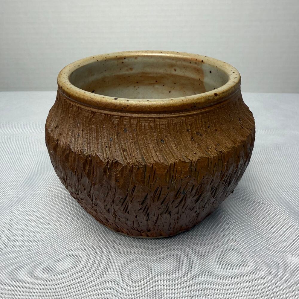 Artist Signed Stoneware Bowl Hand‎ Carved Raw Clay Textured Exterior Wabi Sabi